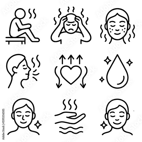 Vector detoxifying steam droplet calm sauna relief boost rejuvenation icon stress benefits