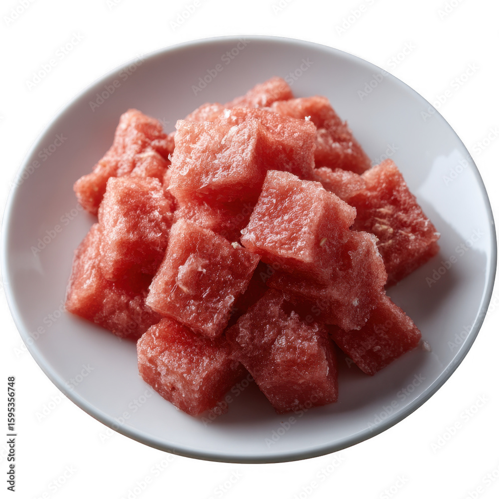 Freshly cut watermelon cubes served on a white plate, showcasing vibrant pink colors and a refreshing look, perfect for summer snacks or healthy desserts. Freshly cut watermelon cubes served on a white plate, showcasing vibrant pink colors and a refreshing look, perfect for summer snacks or healthy desserts.