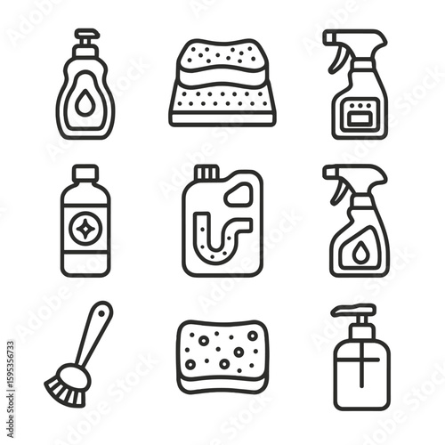 Hand dispenser icons vector cleaner kitchen dishwashing degreaser icon pad stainless sponge