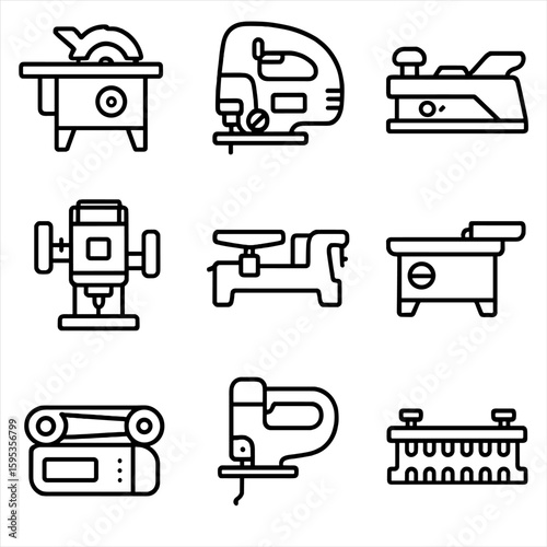 Saw lathe jigsaw sander woodworking scroll jointer tools icon router table vector