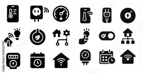 Collection of icons for home appliances and devices. The icons include a clock, a light switch, a thermostat, and a calendar