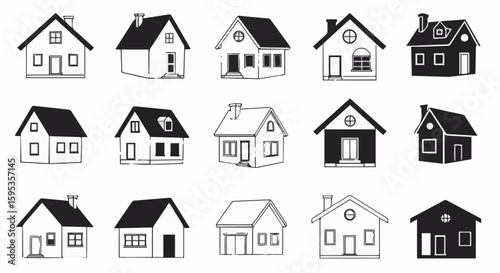 Collection of fifteen diverse house icons in black and white minimalist style