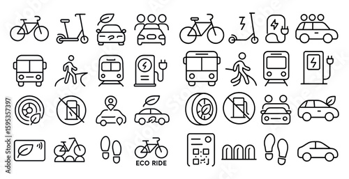 Collection of icons for various modes of transportation, including bicycles, scooters, buses, and cars