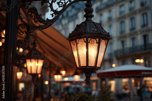 Beautiful ornate lantern lighting up a charming street in Paris during twilight hours