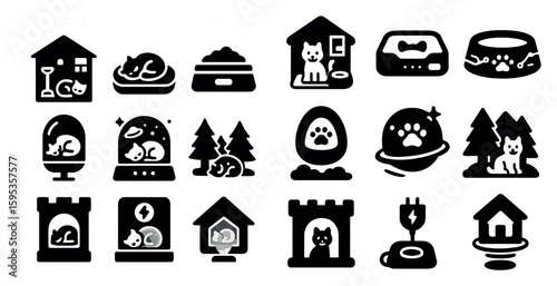 Collection of black and white icons for pets and their accessories. The icons include a cat sleeping, a dog eating, a cat in a house, and a dog in a house