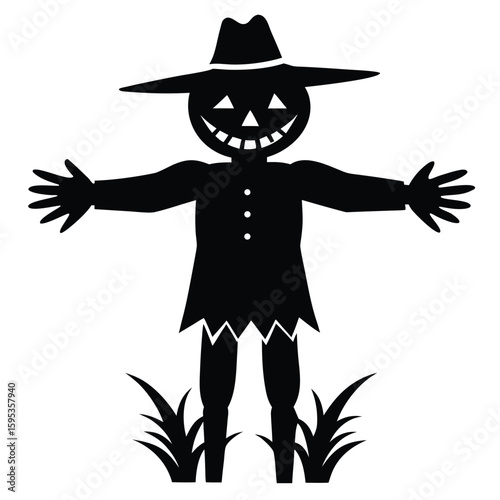 Black silhouette of a grinning scarecrow with outstretched arms
