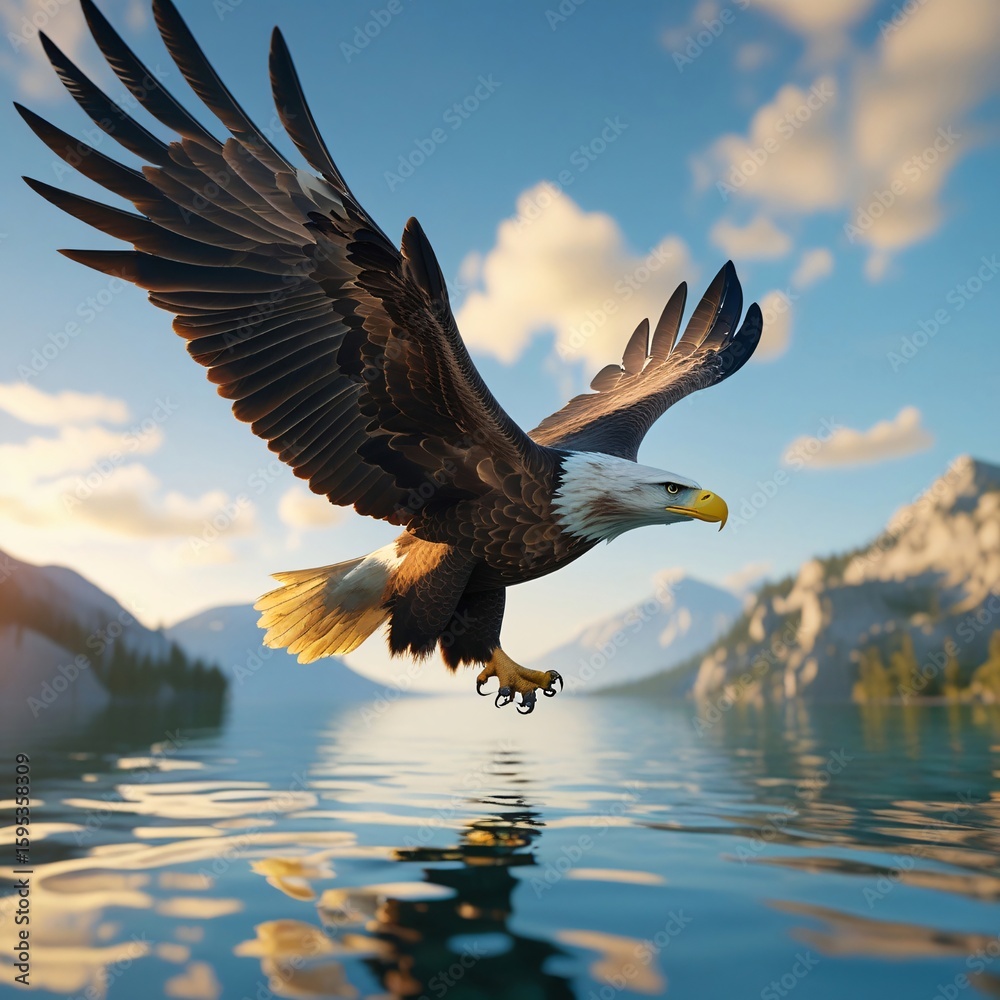 Obraz premium Ultra Realistic Bald Eagle in Flight at Golden Hour with Crystal Clear Lake