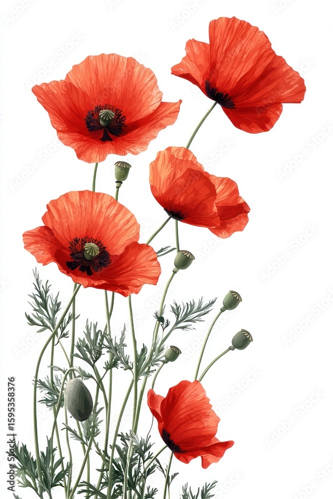 Fototapeta premium Vibrant Red Poppies on White Background: A Botanical Illustration