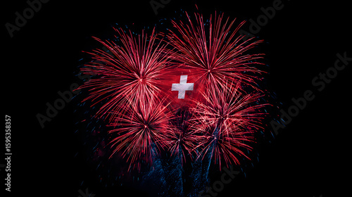Red fireworks display with a swiss flag in the center on a dark black background in the night sky