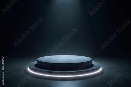 Futuristic neon lit stage platform in dark spotlight
