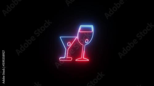 Neon martini icon animation. Glowing neon cocktail sign, looped slow flashing animation. Night cocktail, martini glass, alcohol bar, drinks menu, summer party.