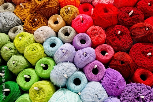These colorful pictures show a neatly arranged and colorful set of spools and bobbins. The yarn is neatly stacked.
