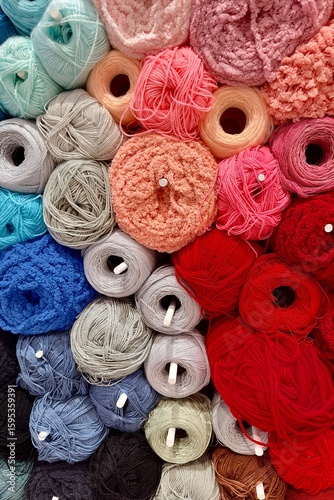 These colorful pictures show a neatly arranged and colorful set of spools and bobbins. The yarn is neatly stacked.

