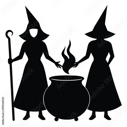 Two witches making potion with cauldron and staff magic