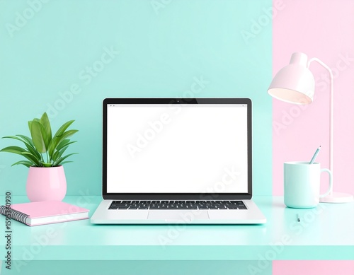 Generated image Minimal 3D Render of Modern Workspace with Laptop, Tablet, and Coffee with pastel aesthetic concept