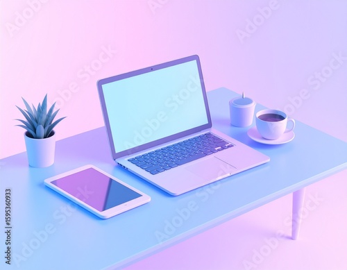 Generated image Minimal 3D Render of Modern Workspace with Laptop, Tablet, and Coffee with pastel aesthetic concept
