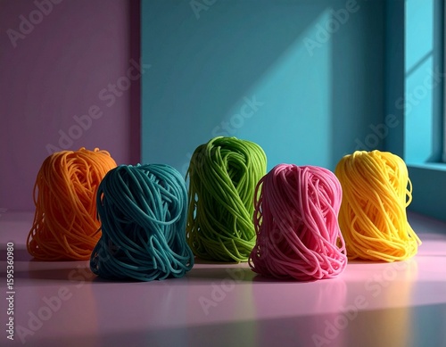 Reference Image Colorful 3D Noodles in Artistic Lighting on Pastel Background