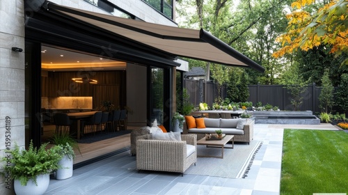 Stylish outdoor patio with furniture, plants, and retractable awning for relaxation.