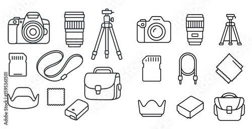 Collection of camera equipment and accessories. The camera equipment includes a camera, a tripod, and a camera bag. The accessories include a lens, a memory card, and a case