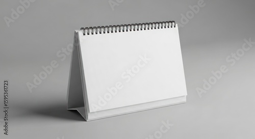 A blank, white, spiral-bound desk calendar stands on a gray surface, ready for customization.