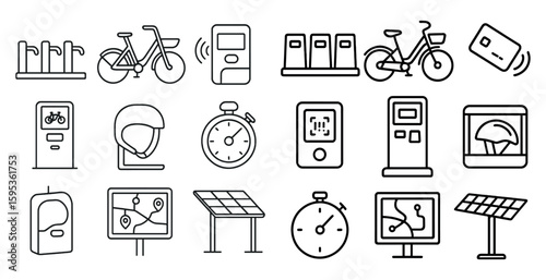 Collection of icons for various transportation and parking services. The icons include a bicycle, a helmet, a bicycle rack, a bicycle lock, a bicycle pump, a bicycle clock, a bicycle parking meter