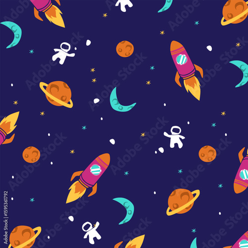 astronaut space plane seamless pattern vector design for kids apparel fabric fullprint