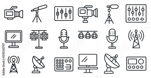 Set of icons for various electronic equipment, including a camera, microphone, and computer monitor. The icons are arranged in a grid, with some overlapping and others standing alone