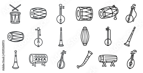 Collection of musical instruments, including drums, flutes, and horns. The instruments are drawn in black and white, giving the image a classic and timeless feel