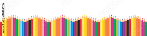 Set of colorful wooden pencils in a wavy form on transparent panoramic background, back to school concept.