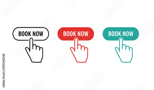 Book Now Buttons in Black Red and Teal with Hand Cursor