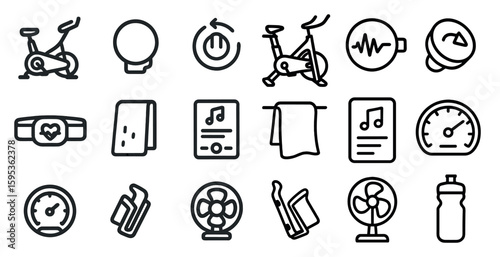 Collection of fitness icons including a heart, a bicycle, a fan, a book, a clock, a cup, a bottle, a towel, a watch, a music note, a car, a wheel, a fan, a cup, a