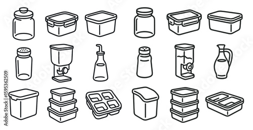 Collection of kitchen items including a variety of containers and utensils. Concept of organization and practicality, as the various items are neatly arranged and grouped together