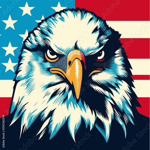 Bald eagle in pop art style with USA flag in patriotic background