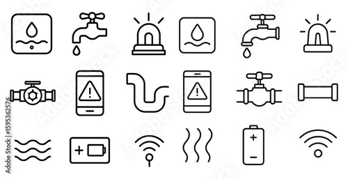 Collection of symbols and icons related to plumbing and water systems. The icons include a phone, a water faucet, a water leak, a water shutoff valve, a water meter, a water heater, a water pipe