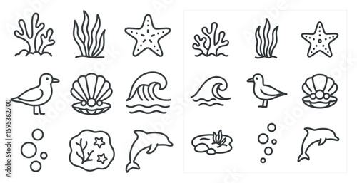 The image is a collection of various sea creatures and plants, including a starfish, a dolphin, a seahorse, and a jellyfish. Scene is one of serenity and tranquility