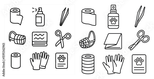 Variety of items related to pet care and grooming. The items include scissors, a bottle, a roll of toilet paper, and a pair of gloves