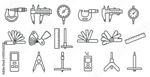 Collection of tools and measuring devices are shown in a line drawing. The tools include a ruler, a compass, a protractor, and a pair of scissors. Concept of precision and accuracy