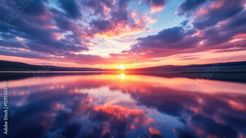 Stunning Sunset Over Lake, Capturing Vibrant Sky Reflection on Calm Water Surface