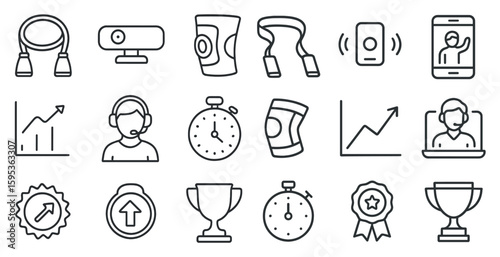 Collection of icons and symbols, including a clock, a cup, a person with a headset, and a person with a knee brace