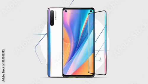  Modern smartphone shown from the front and back with a separate protective glass screen