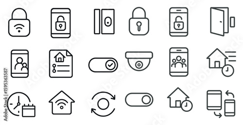 Set of icons for home security and smart home devices. The icons include a door, a key, a camera, a phone, and a house