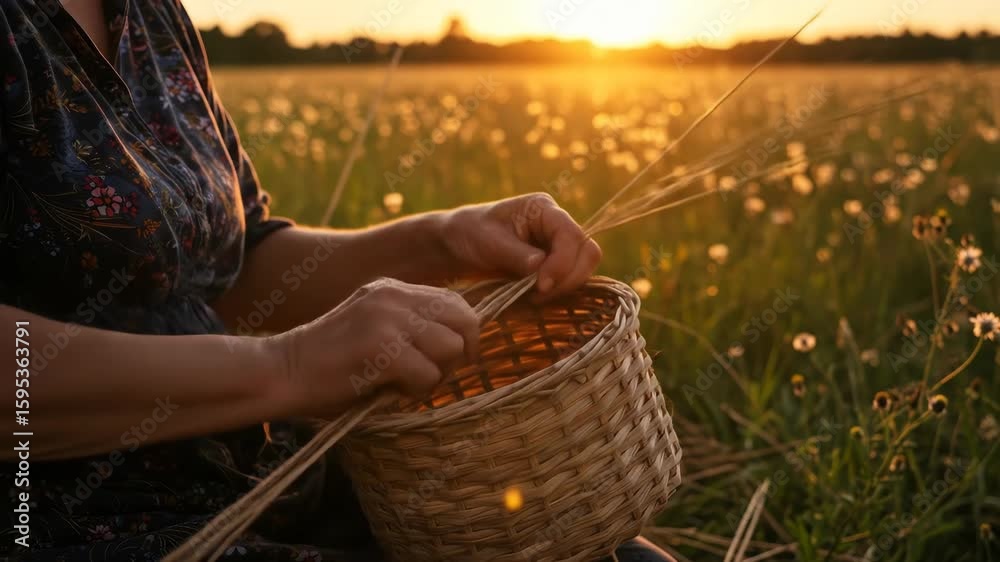 Woman Weaving a Basket in Sunset Field - A woman's hands carefully weave strands of grass into a light brown wicker basket in a sun-drenched field at sunset.
