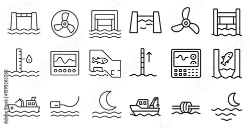 Series of water-related icons, including a boat, a fish, a fishfinder, a fishnet, a fish, a fish, a fish, a fish, a fish, a fish, a fish, a fish, a fish,