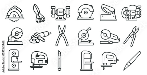Collection of tools and equipment, including a saw, scissors, and a drill. Concept of productivity and craftsmanship