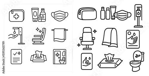 Set of icons for a bathroom. The icons include a toilet, a hand dryer, a bottle of hand sanitizer, a bottle of hand soap, a bottle of lotion, a bottle of shampoo