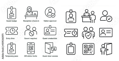 Set of icons for a hotel lobby. The icons include a clock, a phone, a door, a person with a badge, and a person with a passport