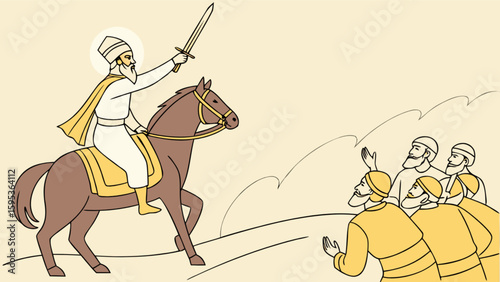 Sikh guru riding horse with sword illustration for sikhism religious history and cultural heritage artwork