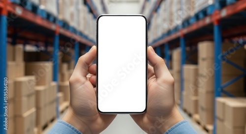 Warehouse worker holds smartphone with blank screen, inventory management app concept.