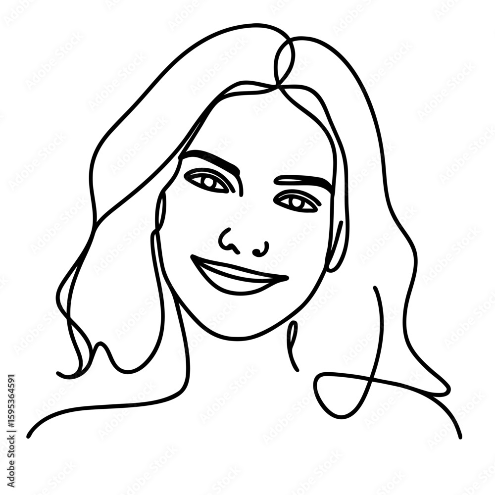 Minimalist line drawing of a smiling woman with wavy hair Minimalist line drawing of a smiling woman with wavy hair