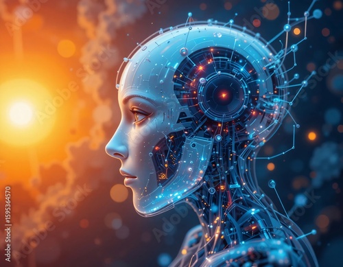 Side profile of a futuristic humanoid robot with glowing circuitry and a bright orange light source